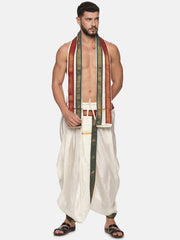 Men Cream Colour Art Silk Dhoti Angavastram Combo Set