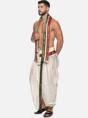 Men Cream Colour Art Silk Dhoti Angavastram Combo Set