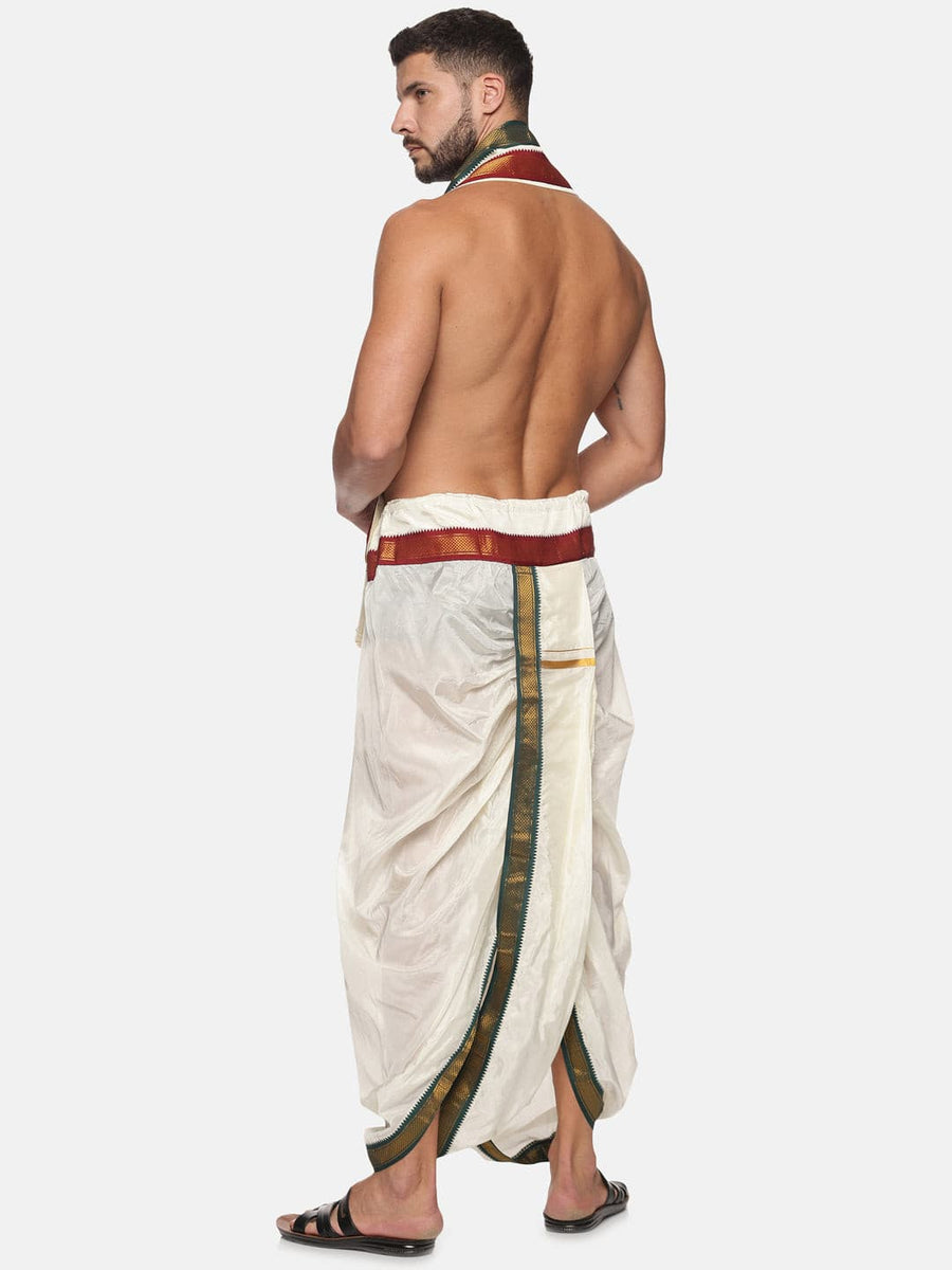 Men Cream Colour Art Silk Dhoti Angavastram Combo Set
