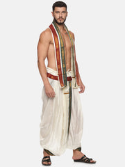 Men Cream Colour Art Silk Dhoti Angavastram Combo Set