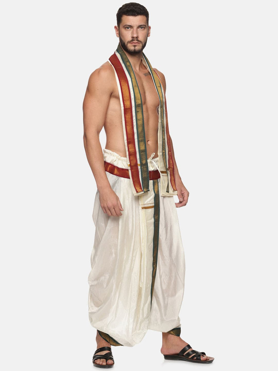 Men Cream Colour Art Silk Dhoti Angavastram Combo Set