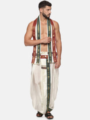 Men Cream Colour Art Silk Dhoti Angavastram Combo Set