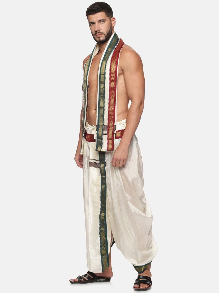 Men Cream Colour Art Silk Dhoti Angavastram Combo Set