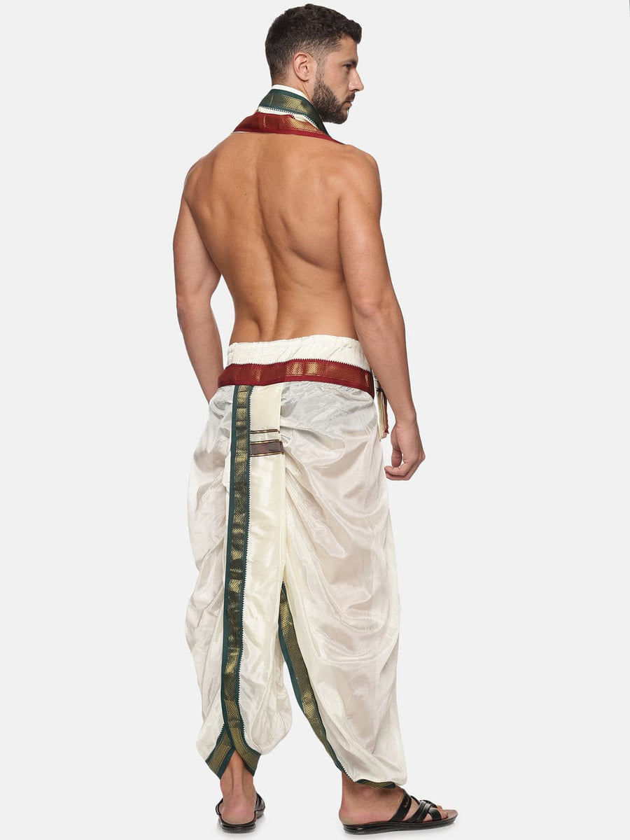 Men Cream Colour Art Silk Dhoti Angavastram Combo Set