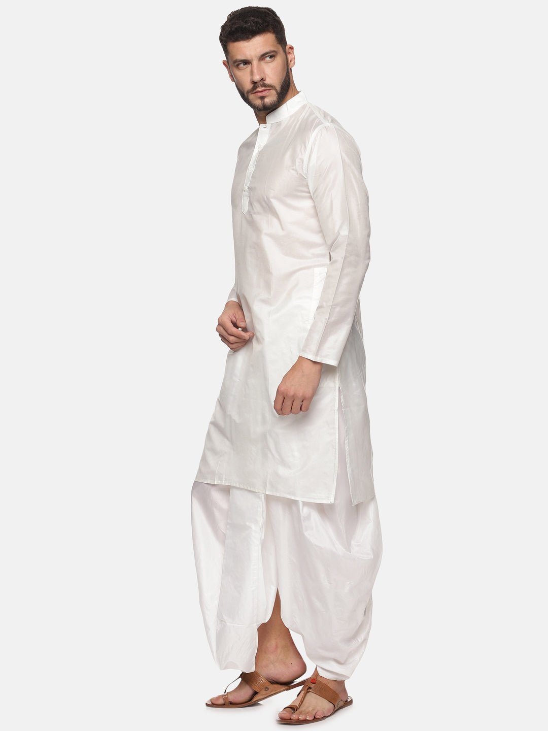 Men White Colour Art Silk Kurta Dhoti Pant Set.