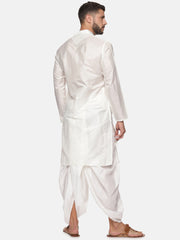 Men White Colour Art Silk Kurta Dhoti Pant Set.