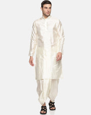 Men Cream Colour Art Silk Kurta Dhoti Pant Set