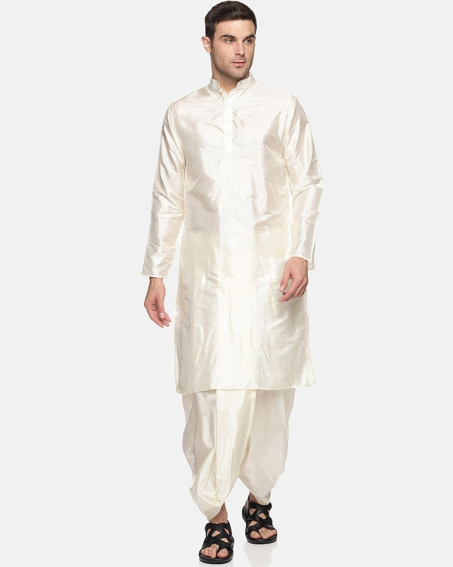 Men Cream Colour Art Silk Kurta Dhoti Pant Set