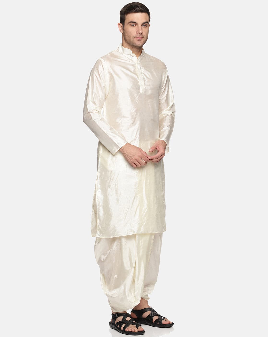 Men Cream Colour Art Silk Kurta Dhoti Pant Set