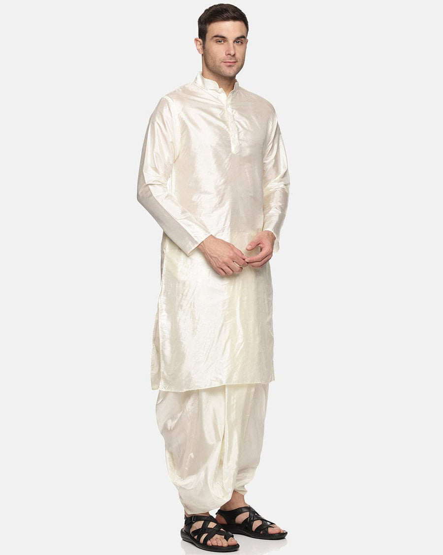 Men Cream Colour Art Silk Kurta Dhoti Pant Set