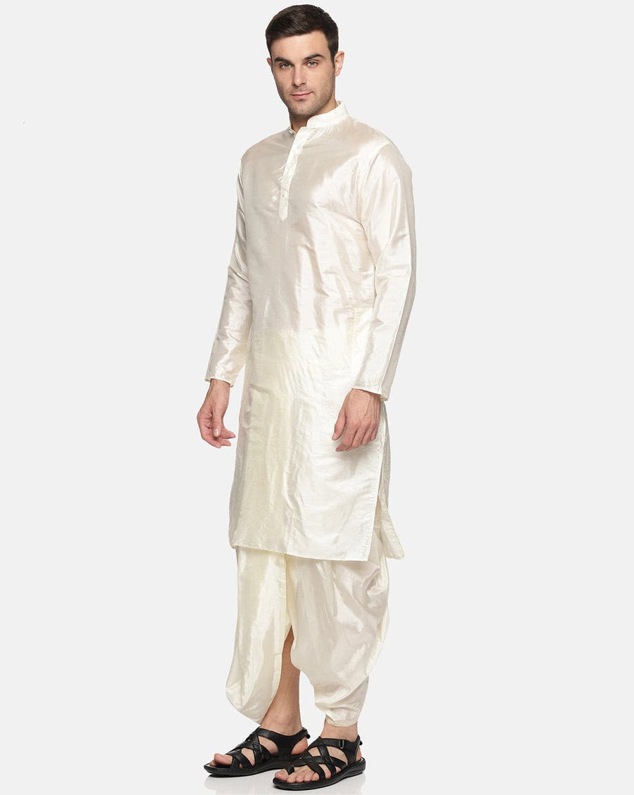 Men Cream Colour Art Silk Kurta Dhoti Pant Set