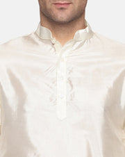 Men Cream Colour Art Silk Kurta Dhoti Pant Set