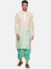 Men Floral Green Colour Art Silk Kurta Dhoti Pant Set.
