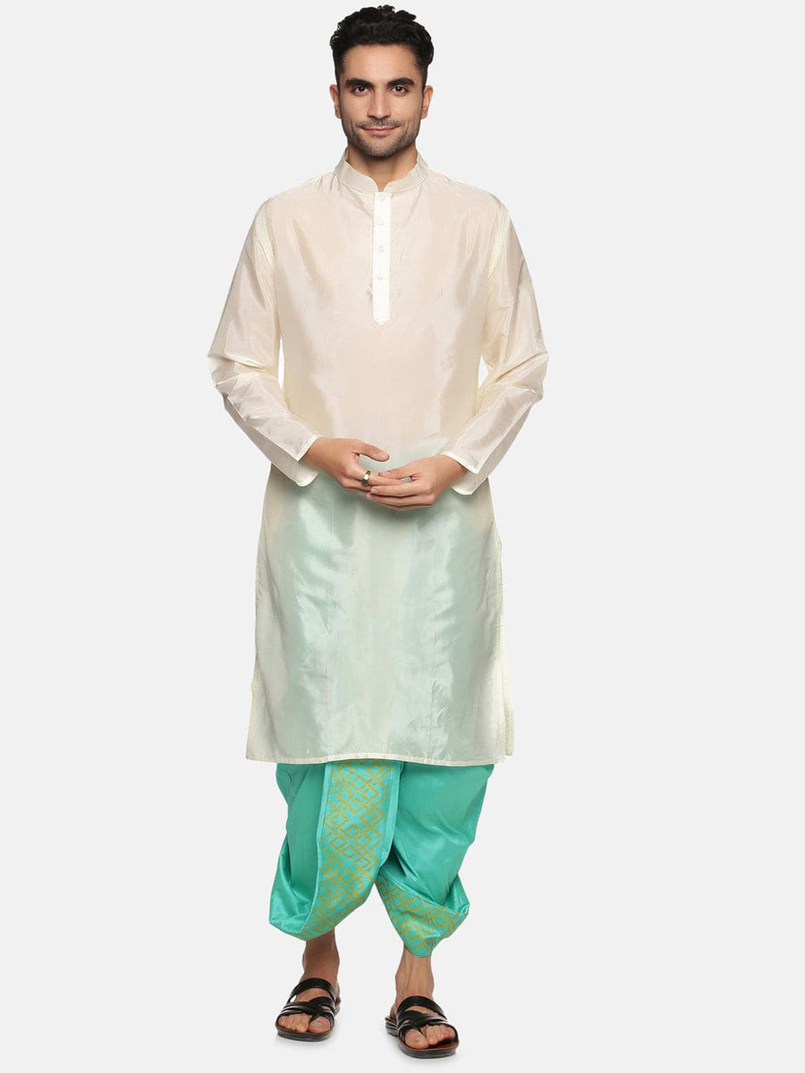 Men Floral Green Colour Art Silk Kurta Dhoti Pant Set.