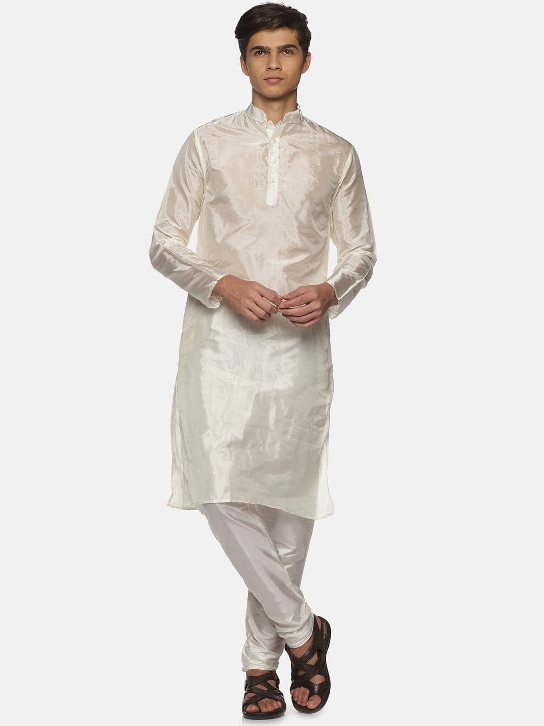 Men Cream Colour Art Silk Kurta Pyjama Set