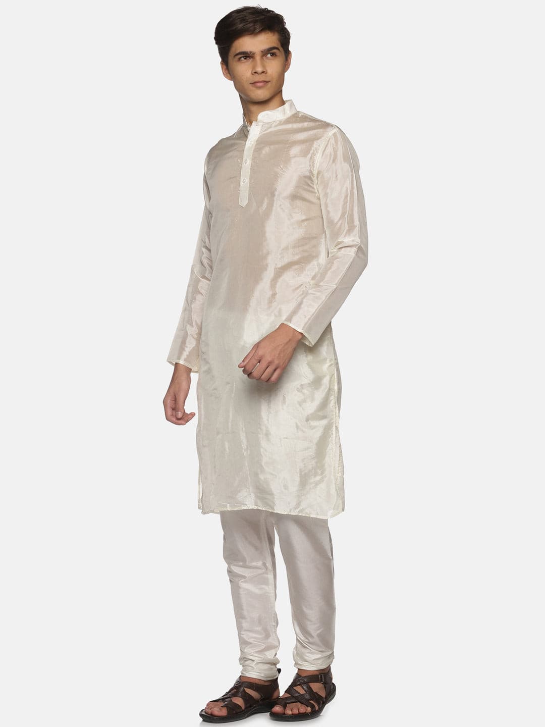 Men Cream Colour Art Silk Kurta Pyjama Set.