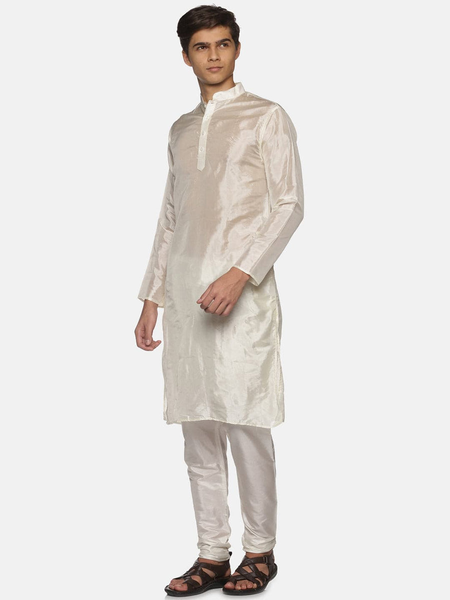 Men Cream Colour Art Silk Kurta Pyjama Set.