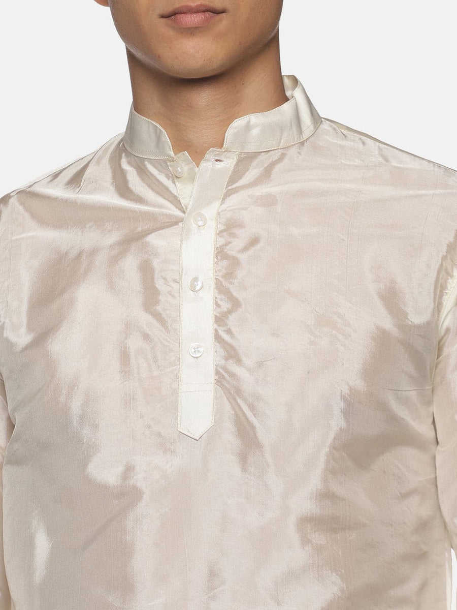 Men Cream Colour Art Silk Kurta Pyjama Set.