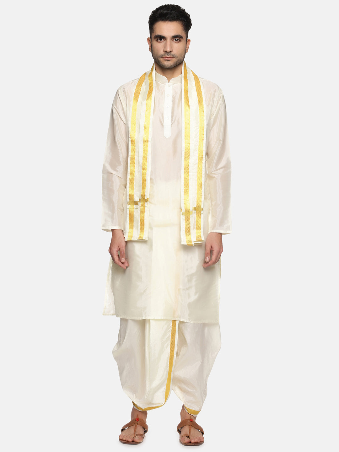 Men Cream Colour Art Silk Kurta Dhoti Pant Set