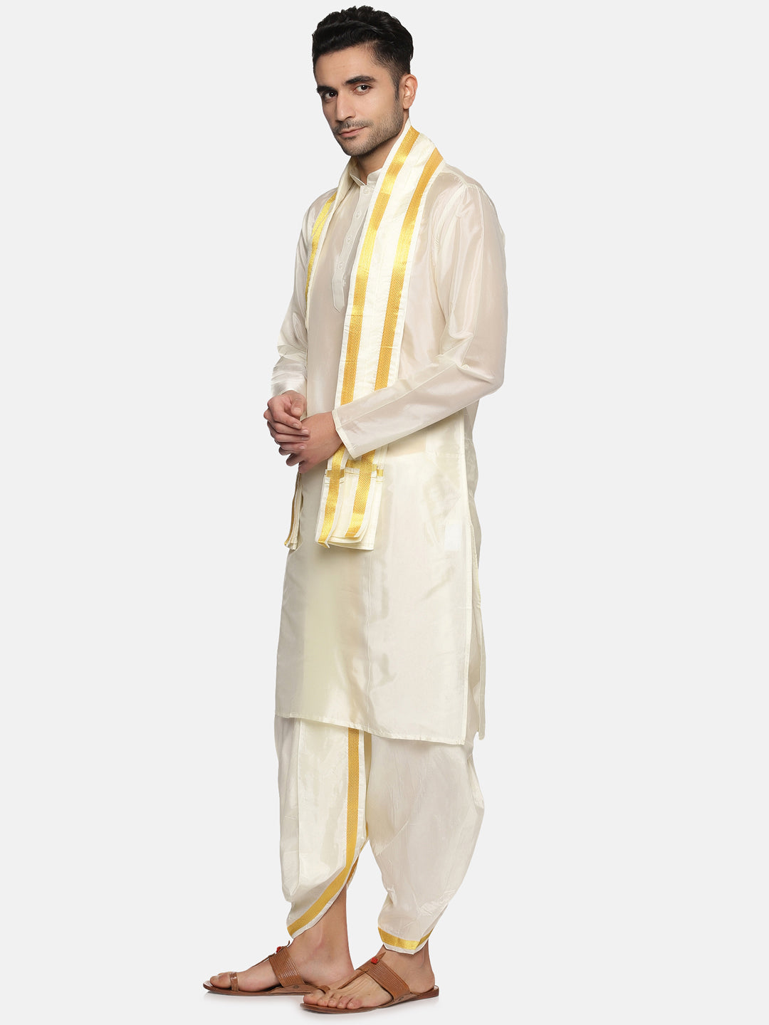 Men Cream Colour Art Silk Kurta Dhoti Pant Set.