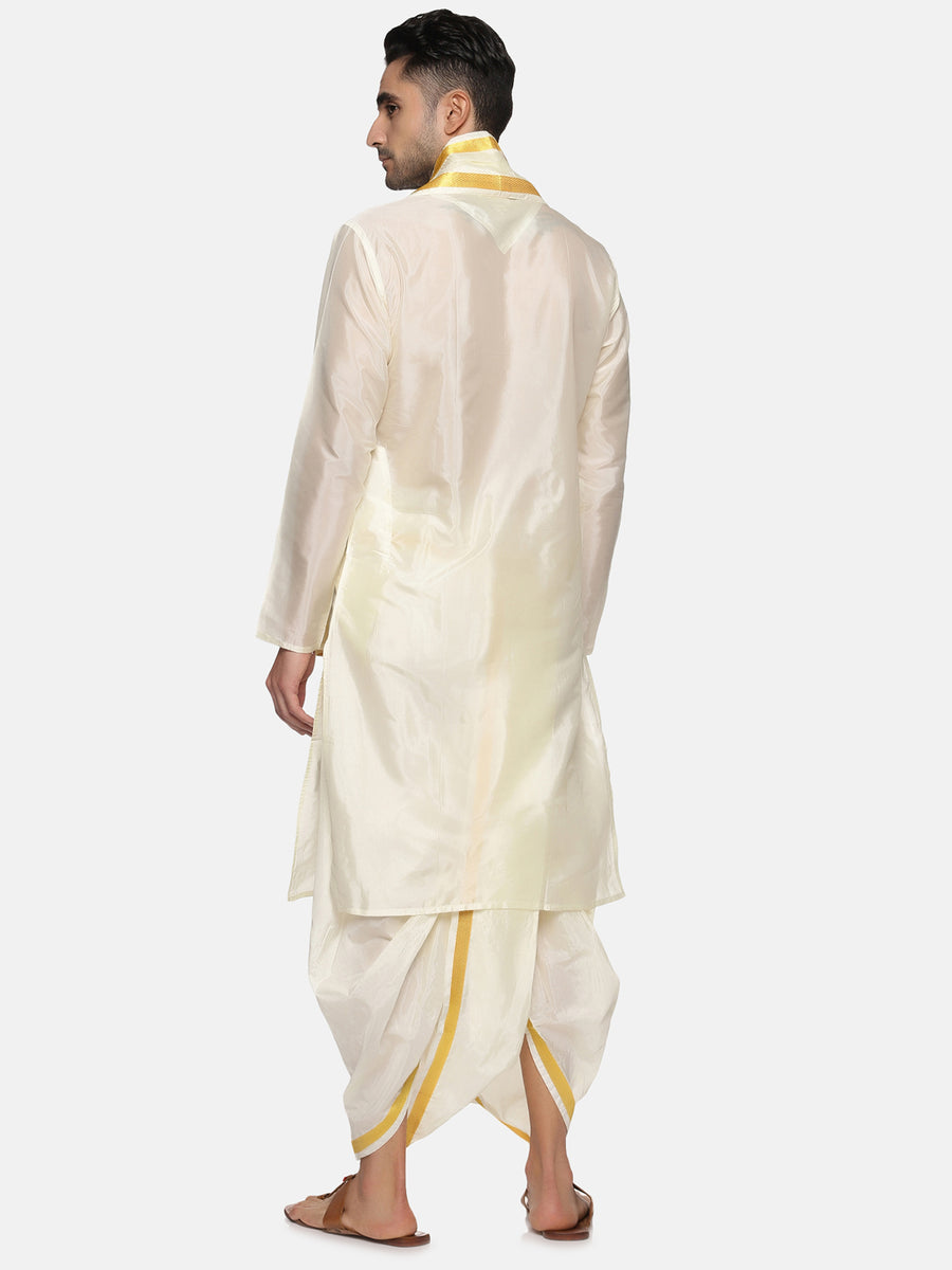 Men Cream Colour Art Silk Kurta Dhoti Pant Set.