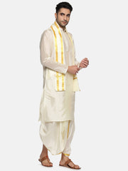 Men Cream Colour Art Silk Kurta Dhoti Pant Set.