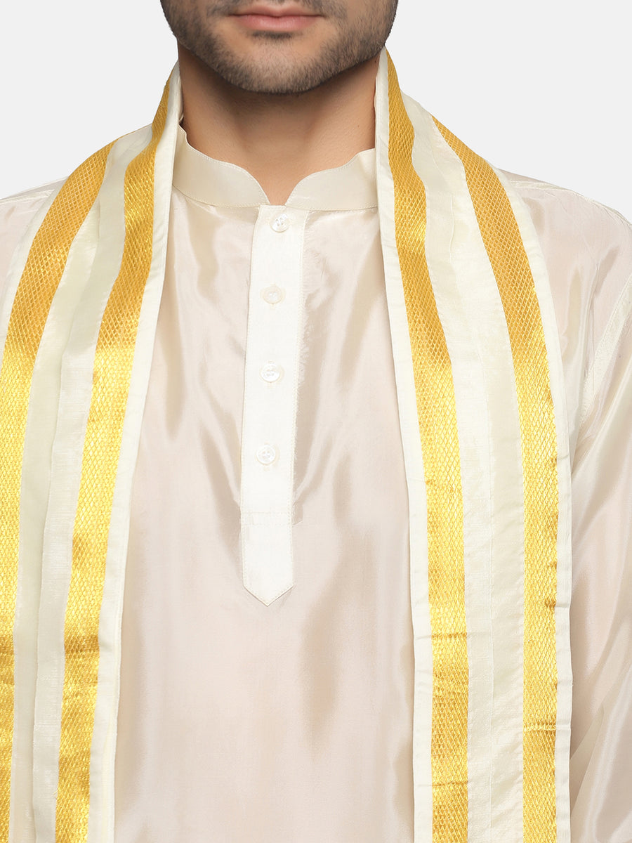 Men Cream Colour Art Silk Kurta Dhoti Pant Set.