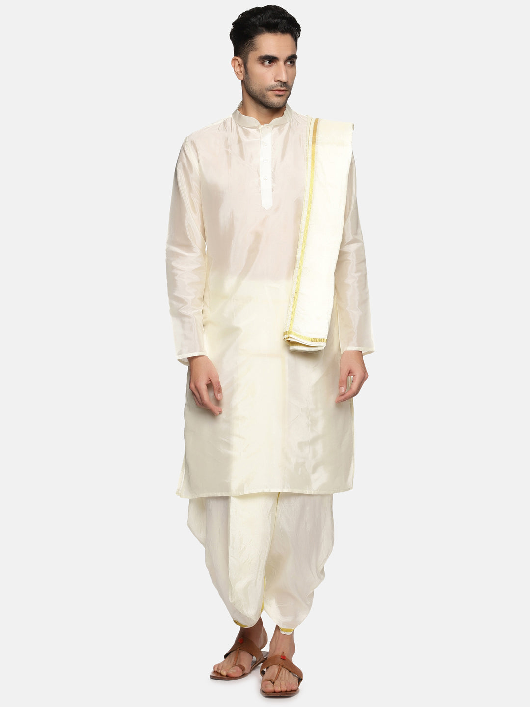 Men Cream Colour Art Silk Kurta Dhoti Pant Set