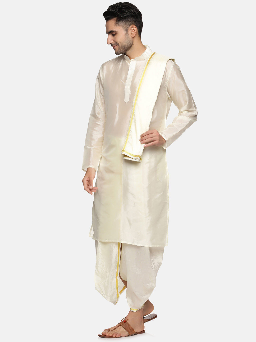 Men Cream Colour Art Silk Kurta Dhoti Pant Set.