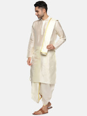 Men Cream Colour Art Silk Kurta Dhoti Pant Set.