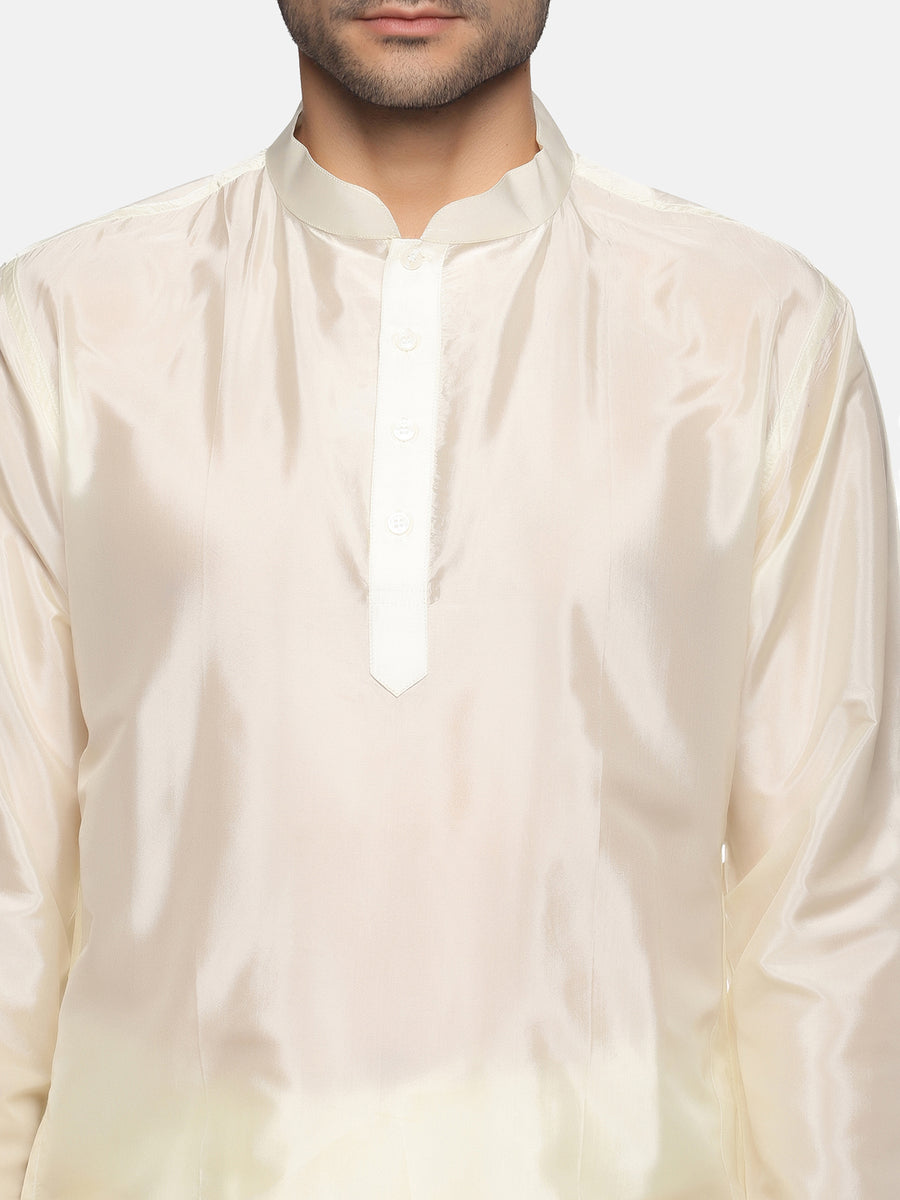 Men Cream Colour Art Silk Kurta Dhoti Pant Set.