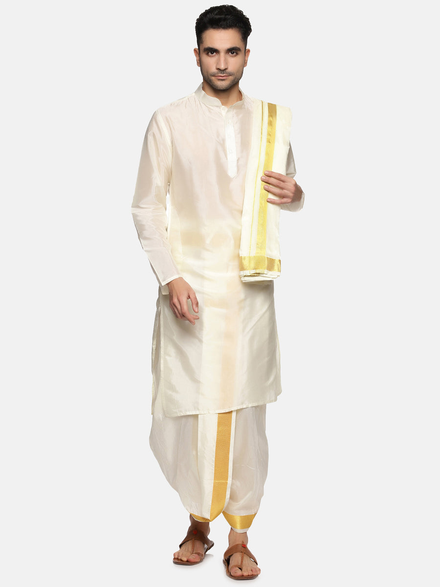 Men Cream Colour Art Silk Kurta Dhoti Pant Set