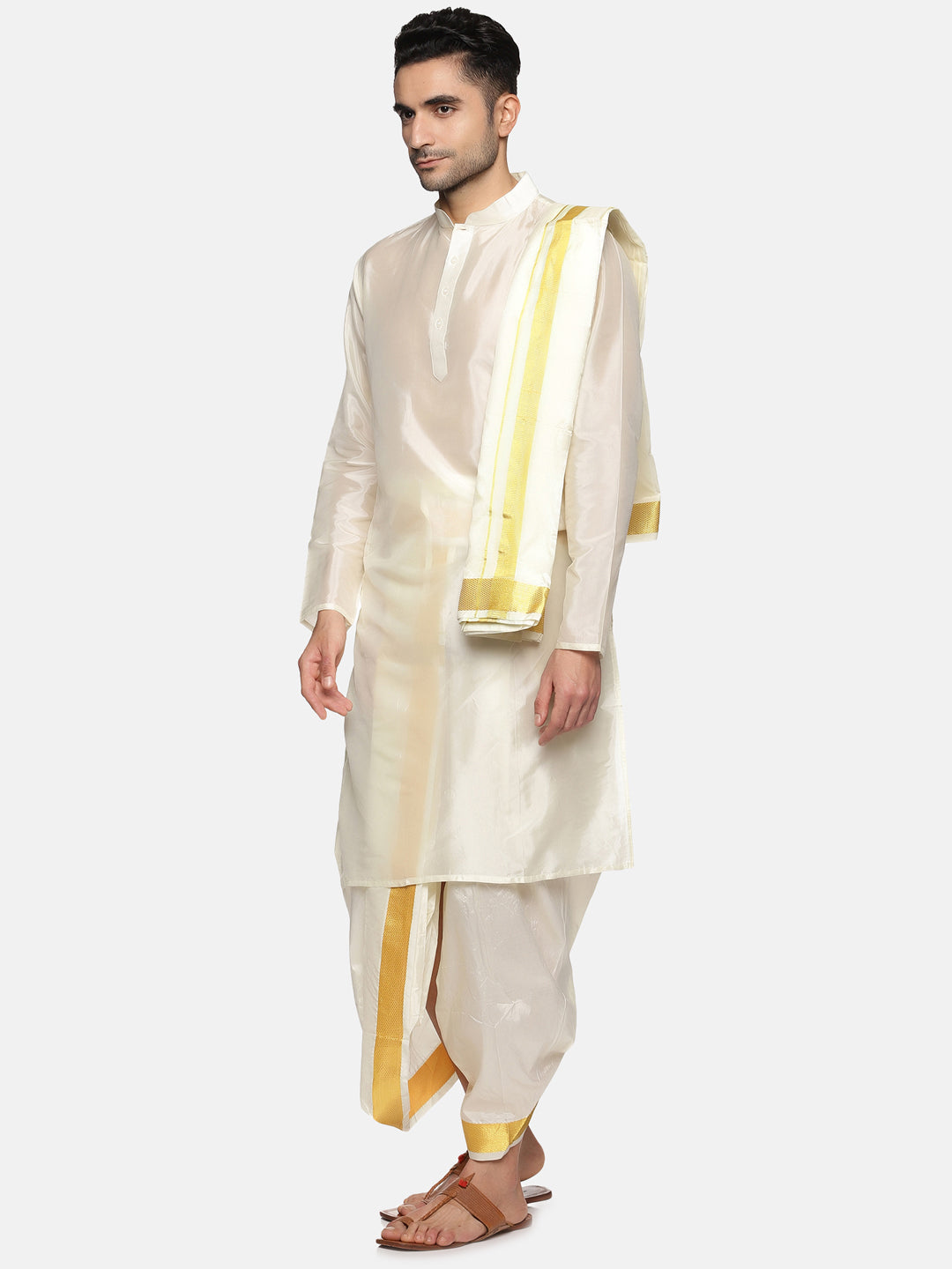 Men Cream Colour Art Silk Kurta Dhoti Pant Set.