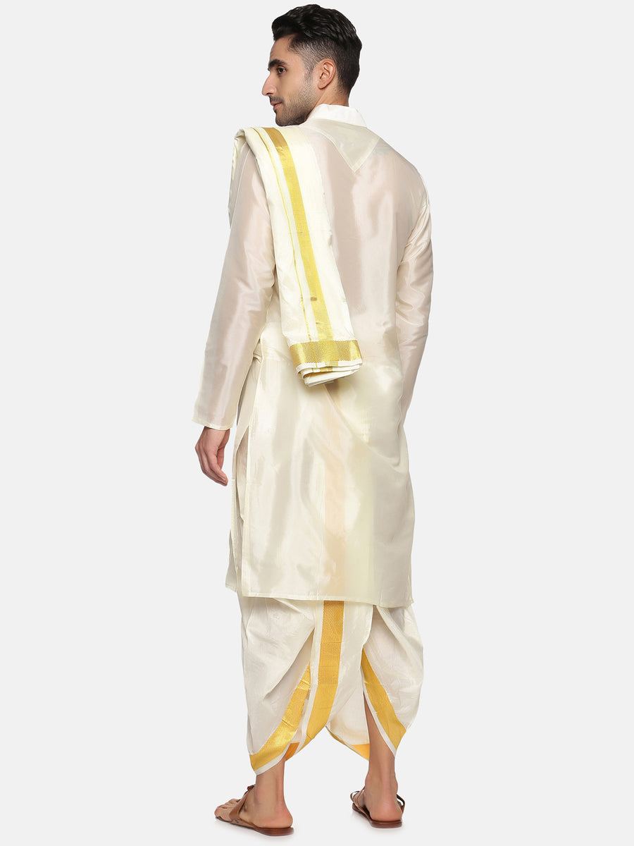 Men Cream Colour Art Silk Kurta Dhoti Pant Set.