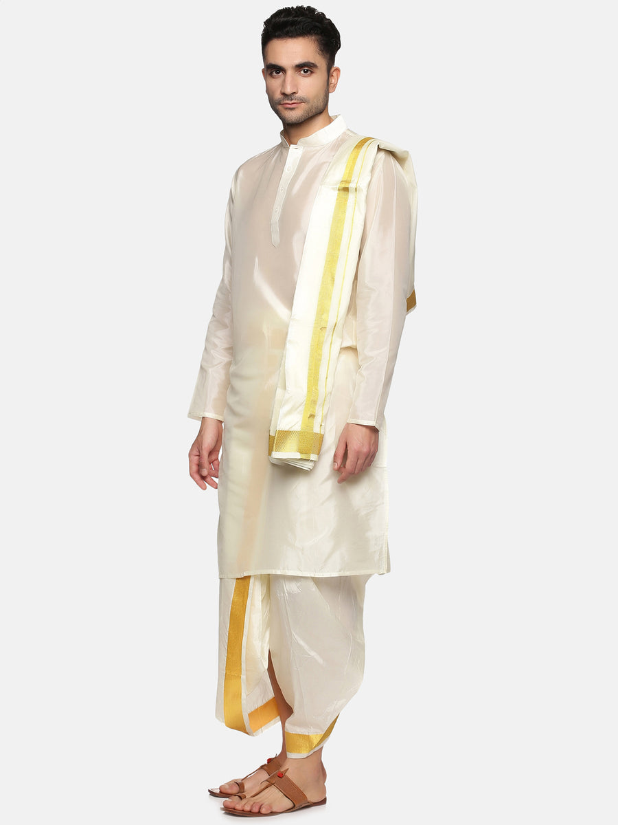 Men Cream Colour Art Silk Kurta Dhoti Pant Set.