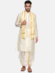 Men Cream Colour Art Silk Kurta Dhoti Pant Set