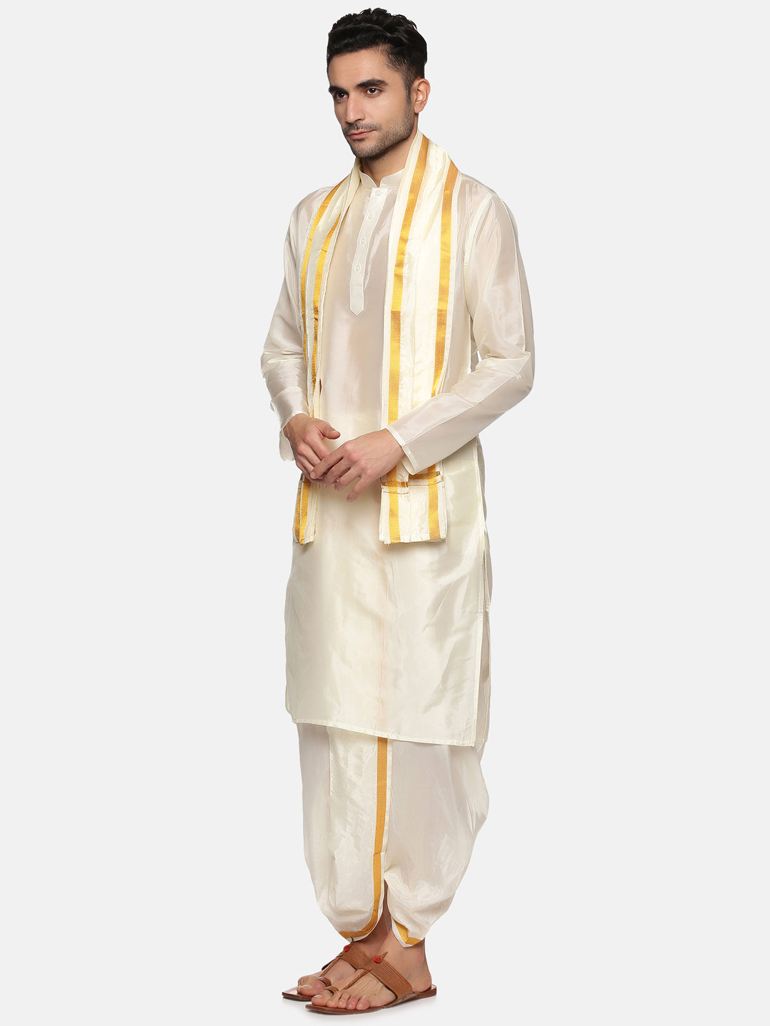 Men Cream Colour Art Silk Kurta Dhoti Pant Set.