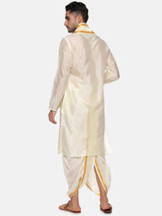 Men Cream Colour Art Silk Kurta Dhoti Pant Set.