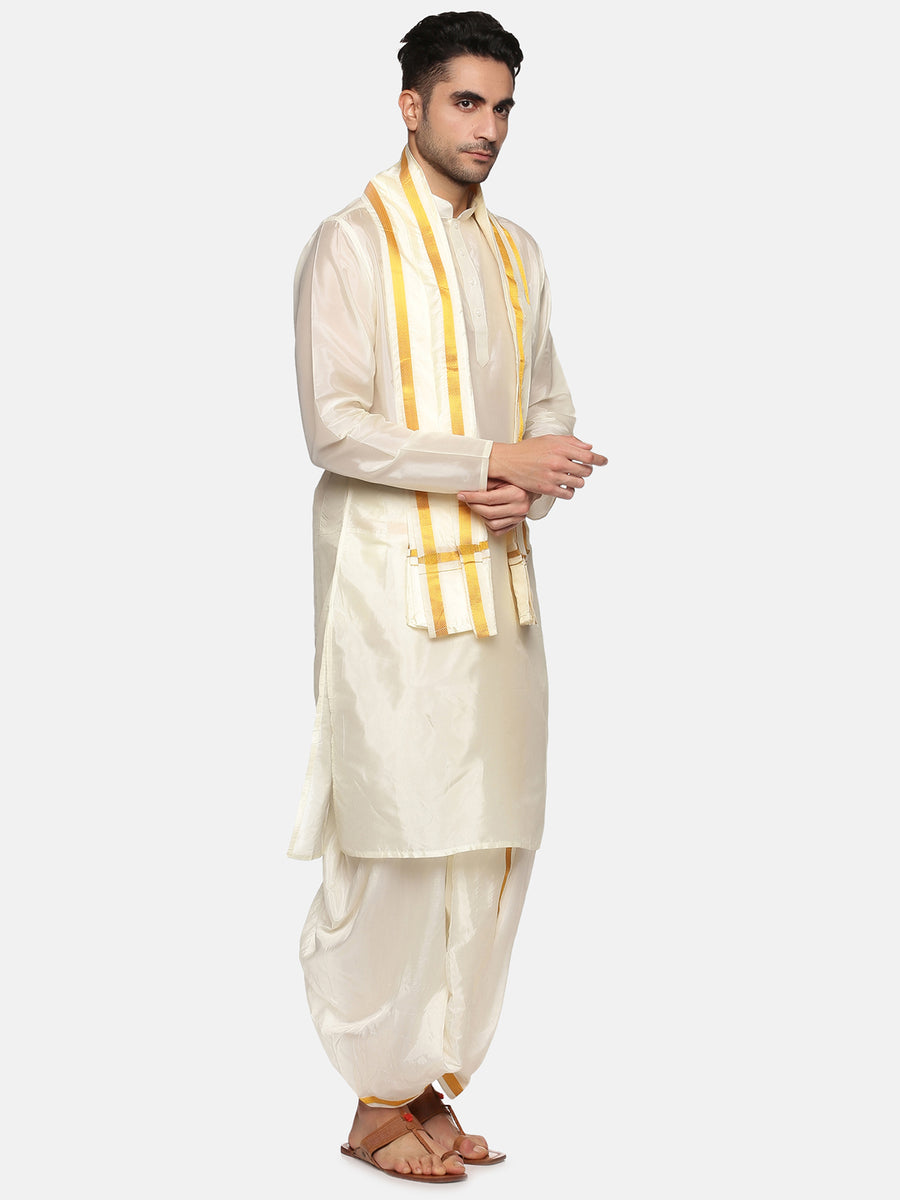 Men Cream Colour Art Silk Kurta Dhoti Pant Set.