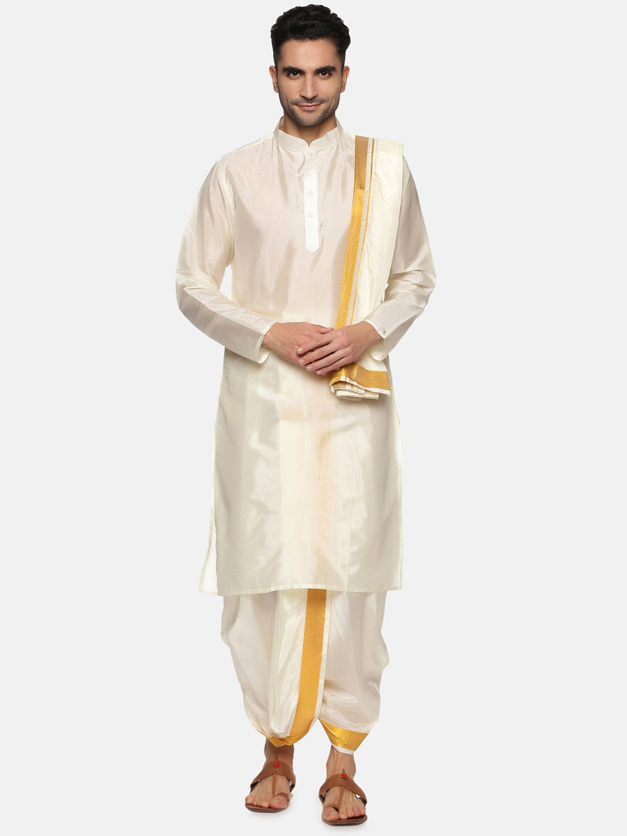Men Cream Colour Art Silk Kurta Dhoti Pant Set