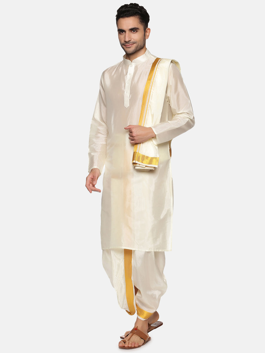 Men Cream Colour Art Silk Kurta Dhoti Pant Set.