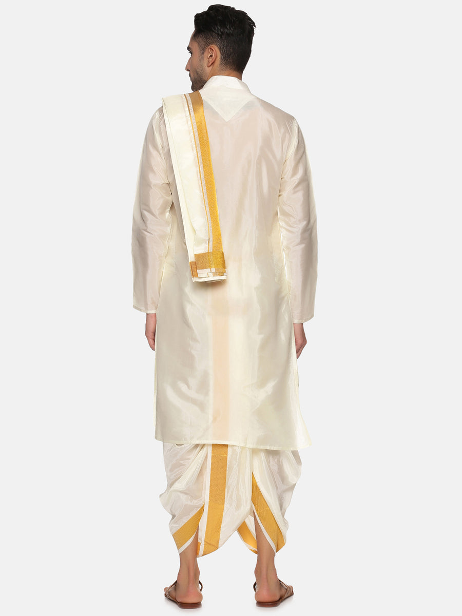 Men Cream Colour Art Silk Kurta Dhoti Pant Set.