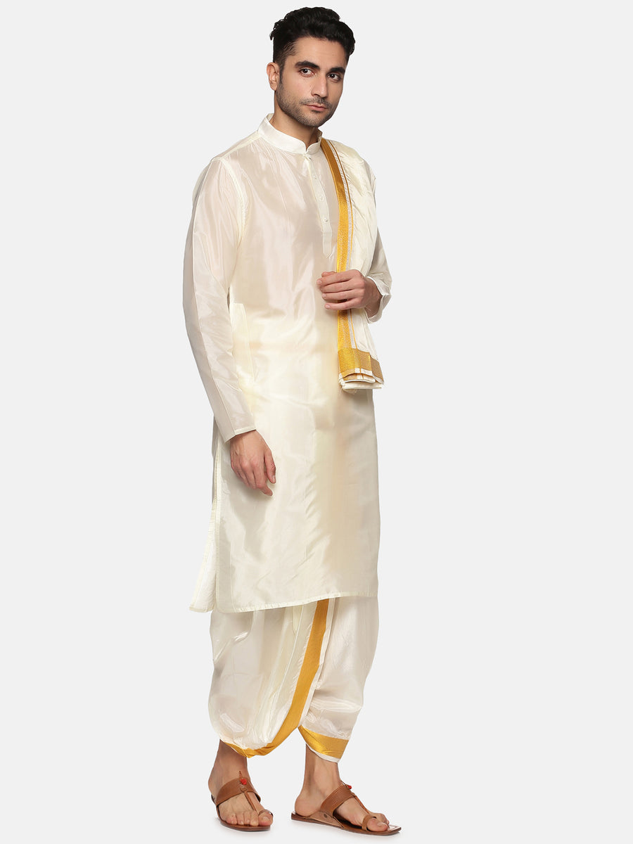 Men Cream Colour Art Silk Kurta Dhoti Pant Set.