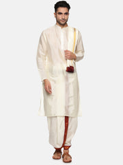 Men Cream Colour Art Silk Kurta Dhoti Pant Set