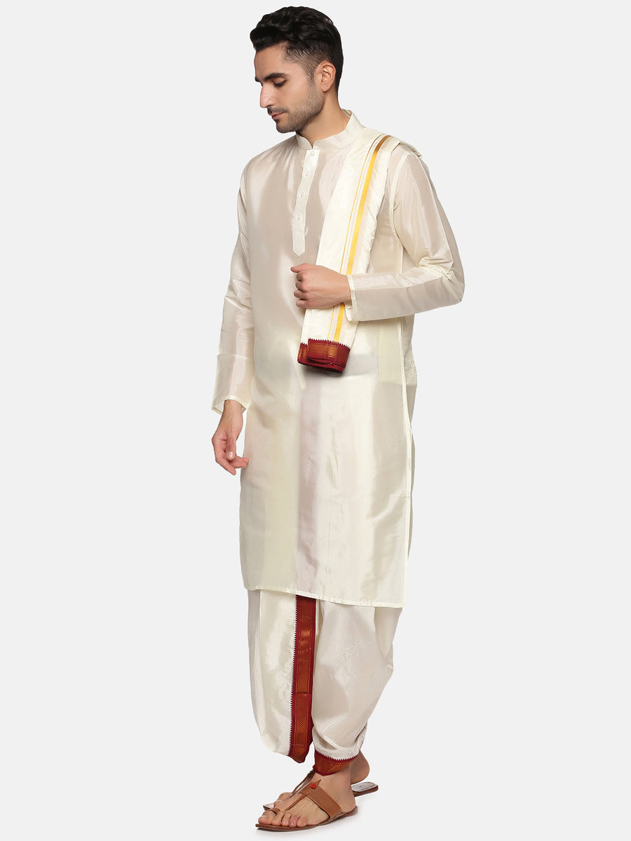 Men Cream Colour Art Silk Kurta Dhoti Pant Set.