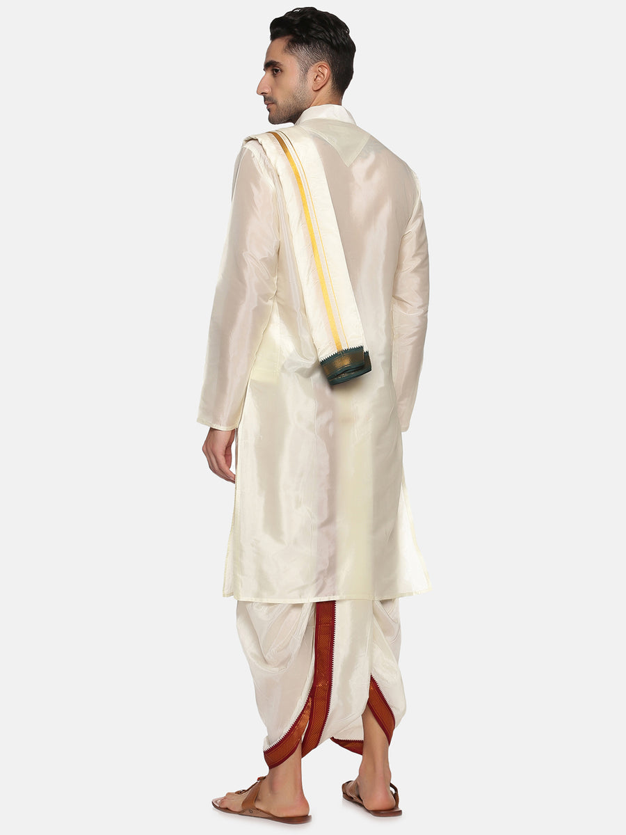 Men Cream Colour Art Silk Kurta Dhoti Pant Set.