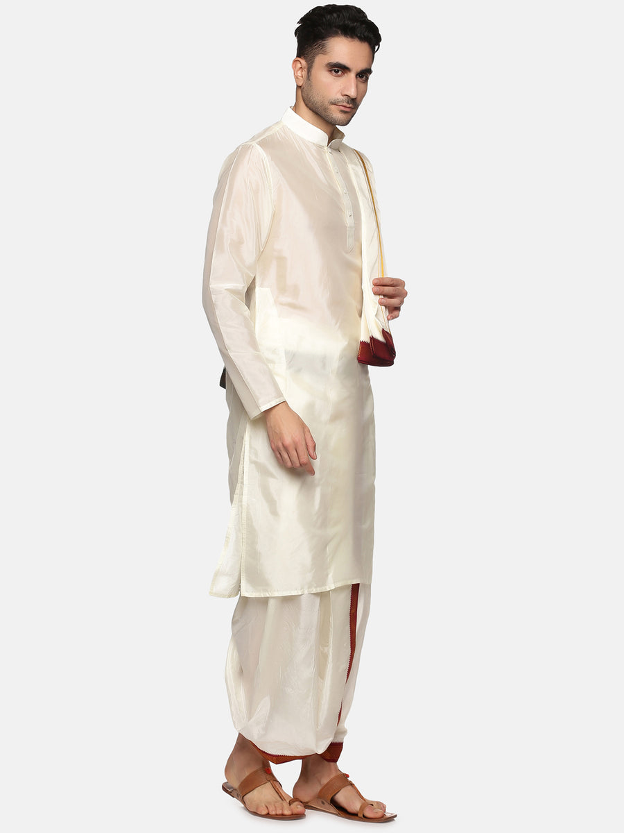 Men Cream Colour Art Silk Kurta Dhoti Pant Set.