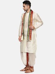 Men Cream Colour Art Silk Kurta Dhoti Pant Set.