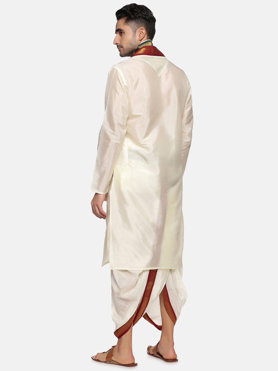 Men Cream Colour Art Silk Kurta Dhoti Pant Set.