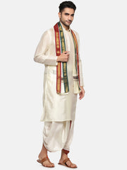 Men Cream Colour Art Silk Kurta Dhoti Pant Set.